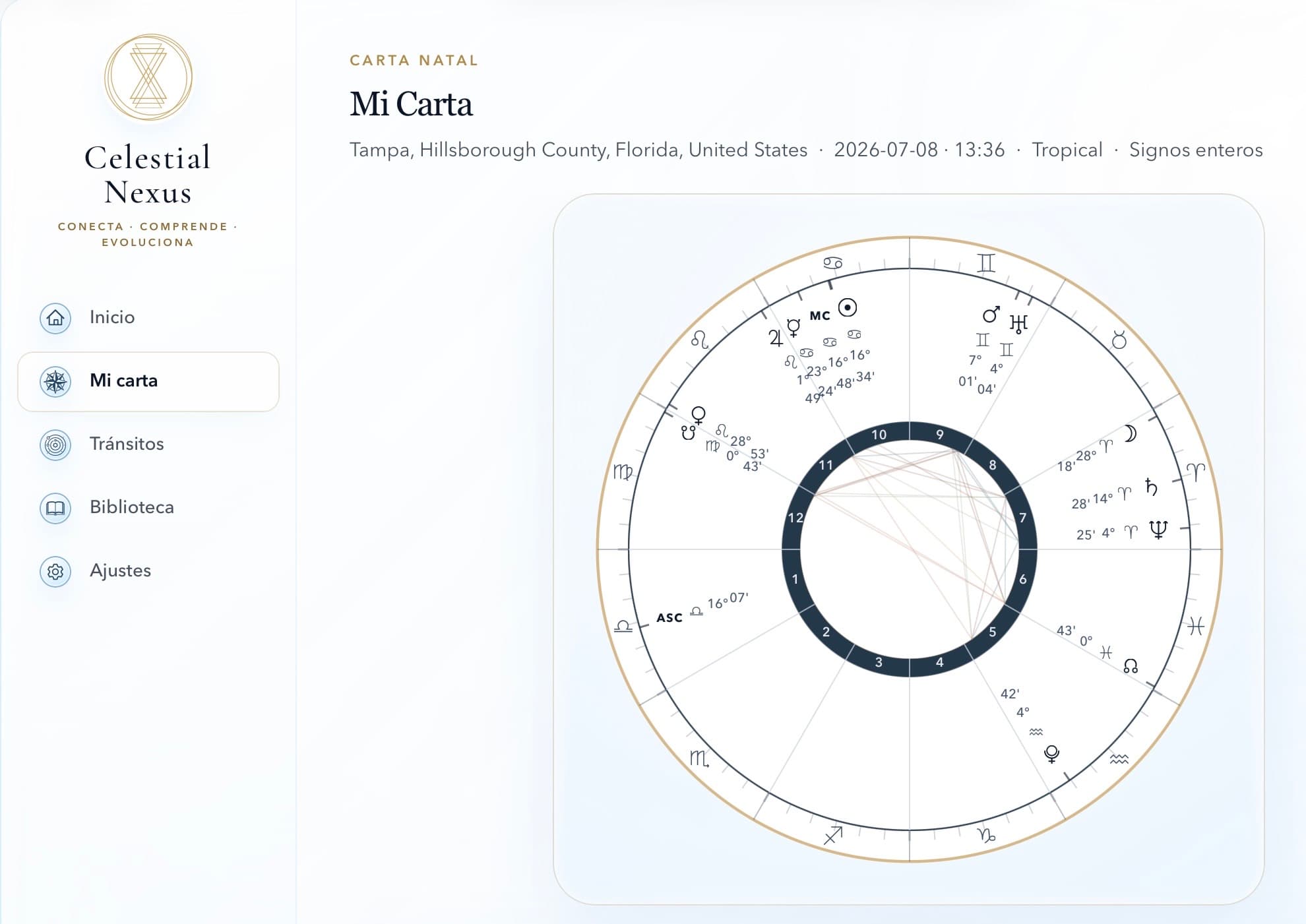 Screenshot real de Build 1 en la vista Mi Carta de Celestial Nexus.
